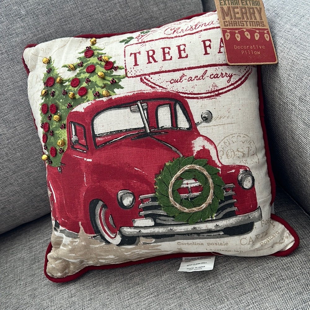 Vintage inspired Christmas Holiday pillow with vintage red truck & jingle bells